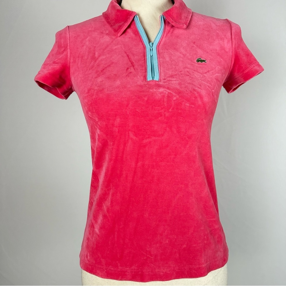 LACOSTE vintage pink velour 1/4 zip collared short sleeve shirt - size 36